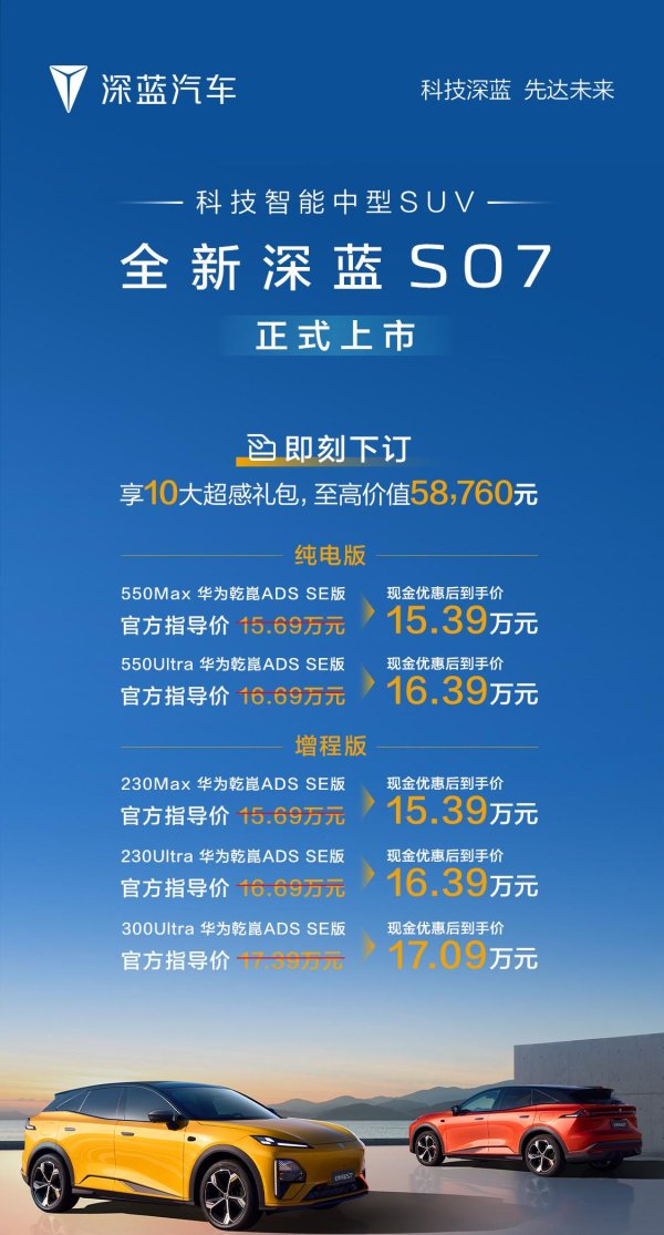 证券配资的条件 标配华为乾崑智驾ADS 4 SE 深蓝S07上市售15.69万元起